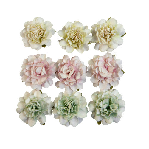Nine paper flowers, pink green and yellow. Paper Flower Embellishments by Prima Marketing.