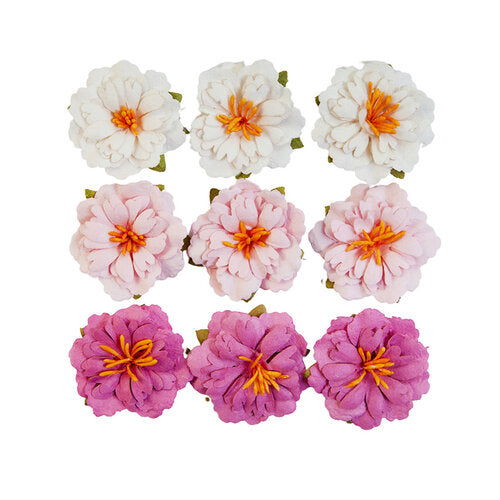Nine paper flowers, pink shades. Paper Flower Embellishments by Prima Marketing.