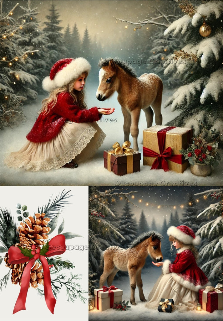 young girl dress in Christmas red coat and Santa hat feeding a brown foal in the snow with christmas presents and a christmas tree decoupage rice papers from decoupage creatives
 