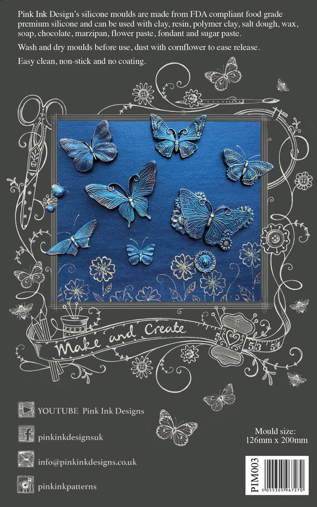 Pink Ink Designs Silicone Mould 6"X8" The silicone mold set has Seven types of beautiful stylish butterflies. The mold also includes ladybugs and a flower.