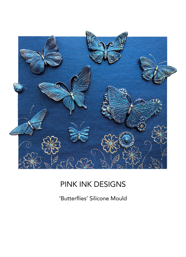 Pink Ink Designs Silicone Mould 6"X8" The silicone mold set has Seven types of beautiful stylish butterflies. The mold also includes ladybugs and a flower.