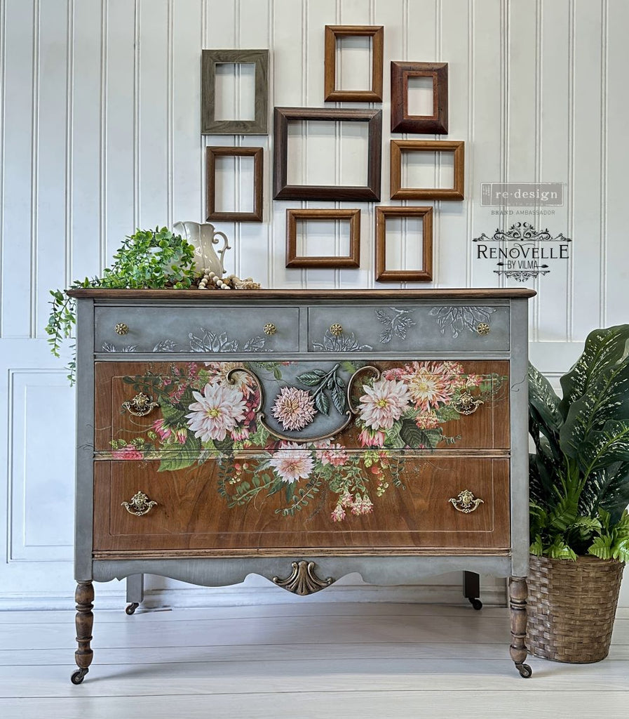 ReDesign with Prima Dahlia Forever 24"x35 Decor Transfers® are easy to use rub-on transfers for Furniture and Mixed Media uses