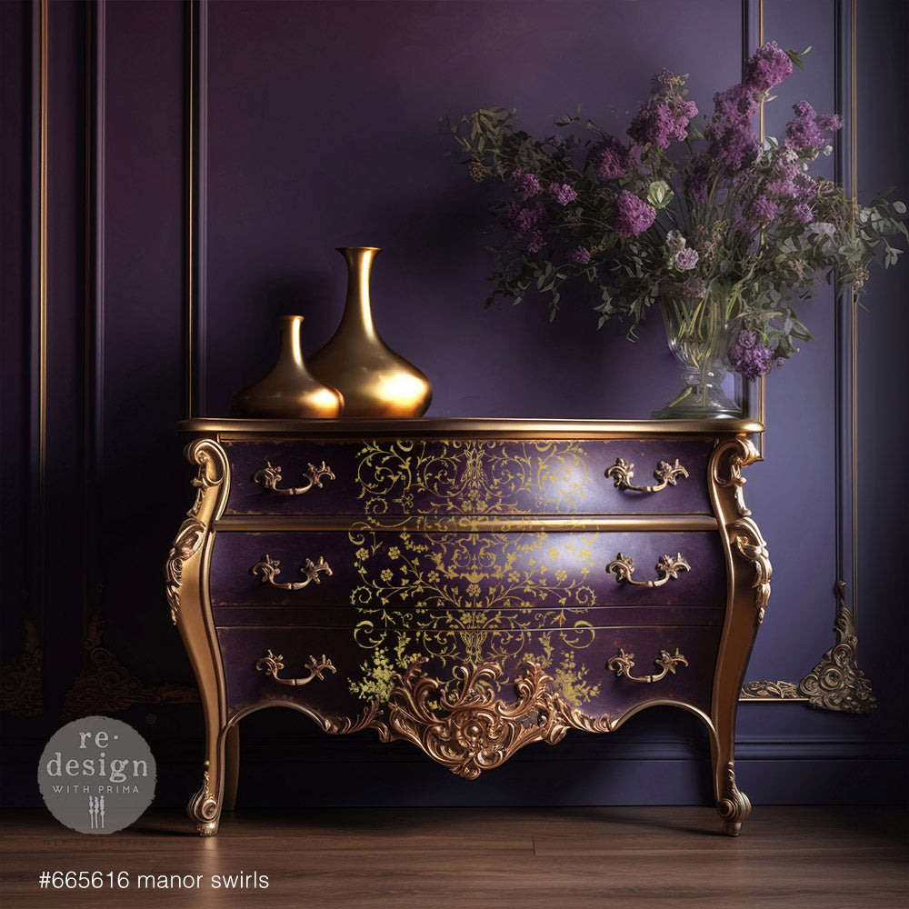 Gold Foil Kacha - Manor Swirls 18"x24" ReDesign Prima Decor Transfers® are easy to use rub-on transfers for Furniture and Mixed Media uses.