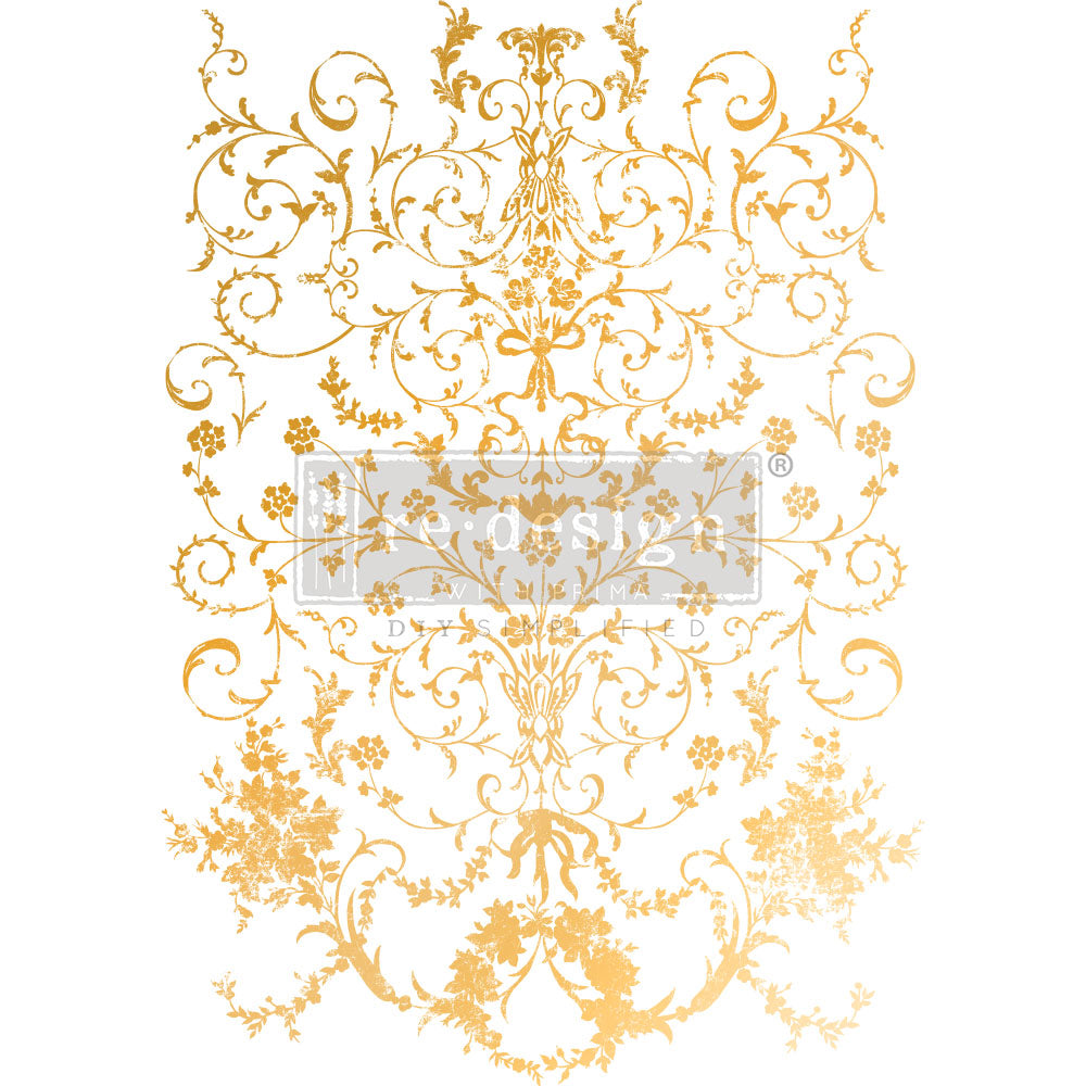 Gold Foil Kacha - Manor Swirls 18"x24" ReDesign Prima Decor Transfers® are easy to use rub-on transfers for Furniture and Mixed Media uses.