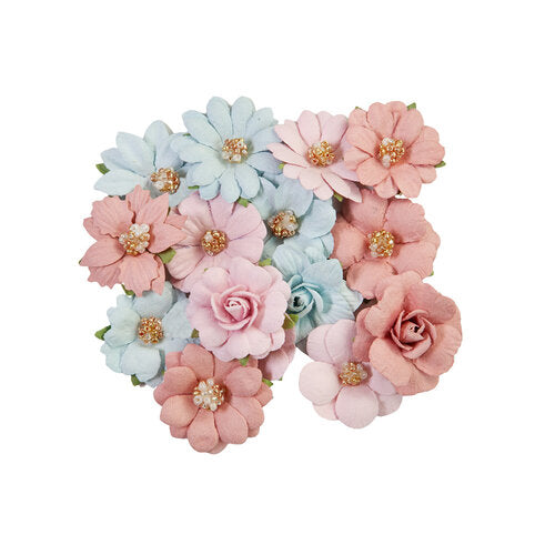 Fifteen pieces pink and light blue flowers. Paper Flowers by Prima Marketing.