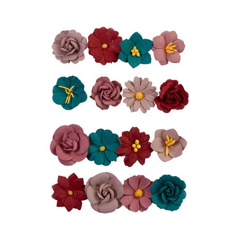 Sixteen small teal and pink flowers. Paper Flowers by Prima Marketing.