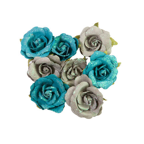 Eight teal and grey flowers. Six paper green, pink and yellow flowers. Paper Flower Embellishments by Prima Marketing.