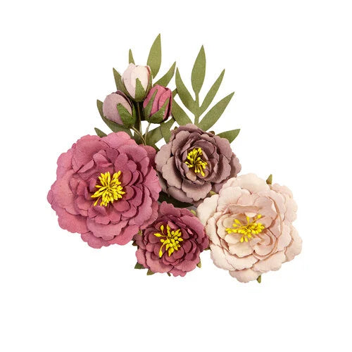 Nine pieces of flowers, buds and leaves. Paper Flowers by Prima Marketing.