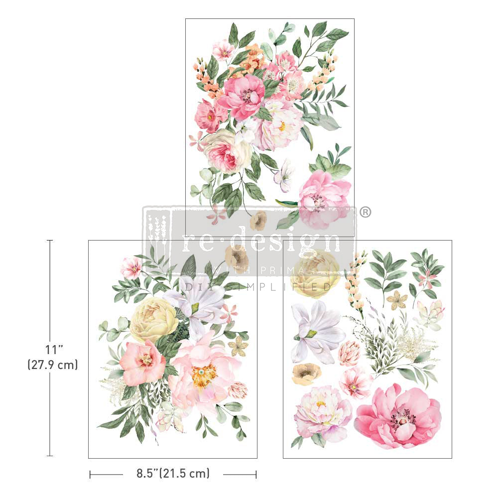 Pink floral design. ReDesign with Prima Bouquet for My Love Decor Transfers® are easy to use rub-on transfers for Furniture and Mixed Media