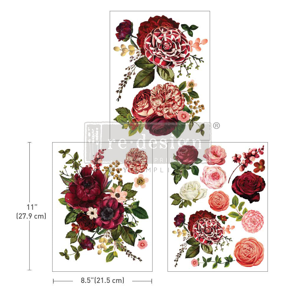 ReDesign with Prima Burgundy Love Decor Transfers® are easy to use rub-on transfers for Furniture and Mixed Media uses.