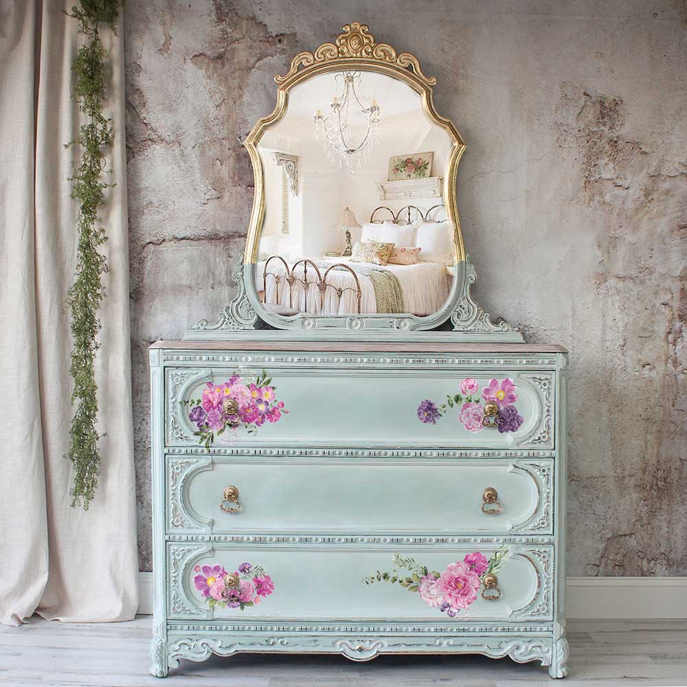 ReDesign with Prima Purple Blossom Decor Transfers® are easy to use rub-on transfers for Furniture and Mixed Media uses