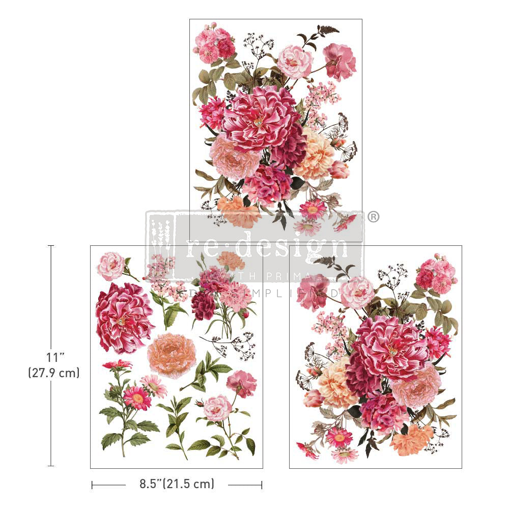 ReDesign with Prima Bright Meadow pink and peach floral Decor Transfers® are easy to use rub-on transfers for Furniture and Mixed Media uses