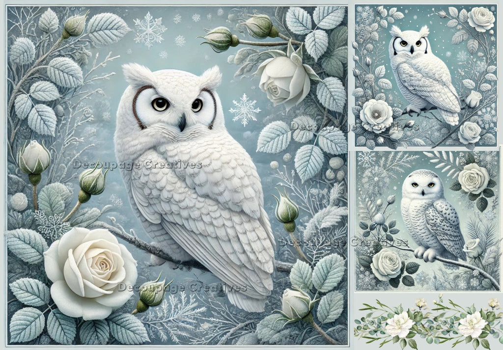 a white snow owl on blue on a branch with white roses decoupage rice papers from decoupage creatives