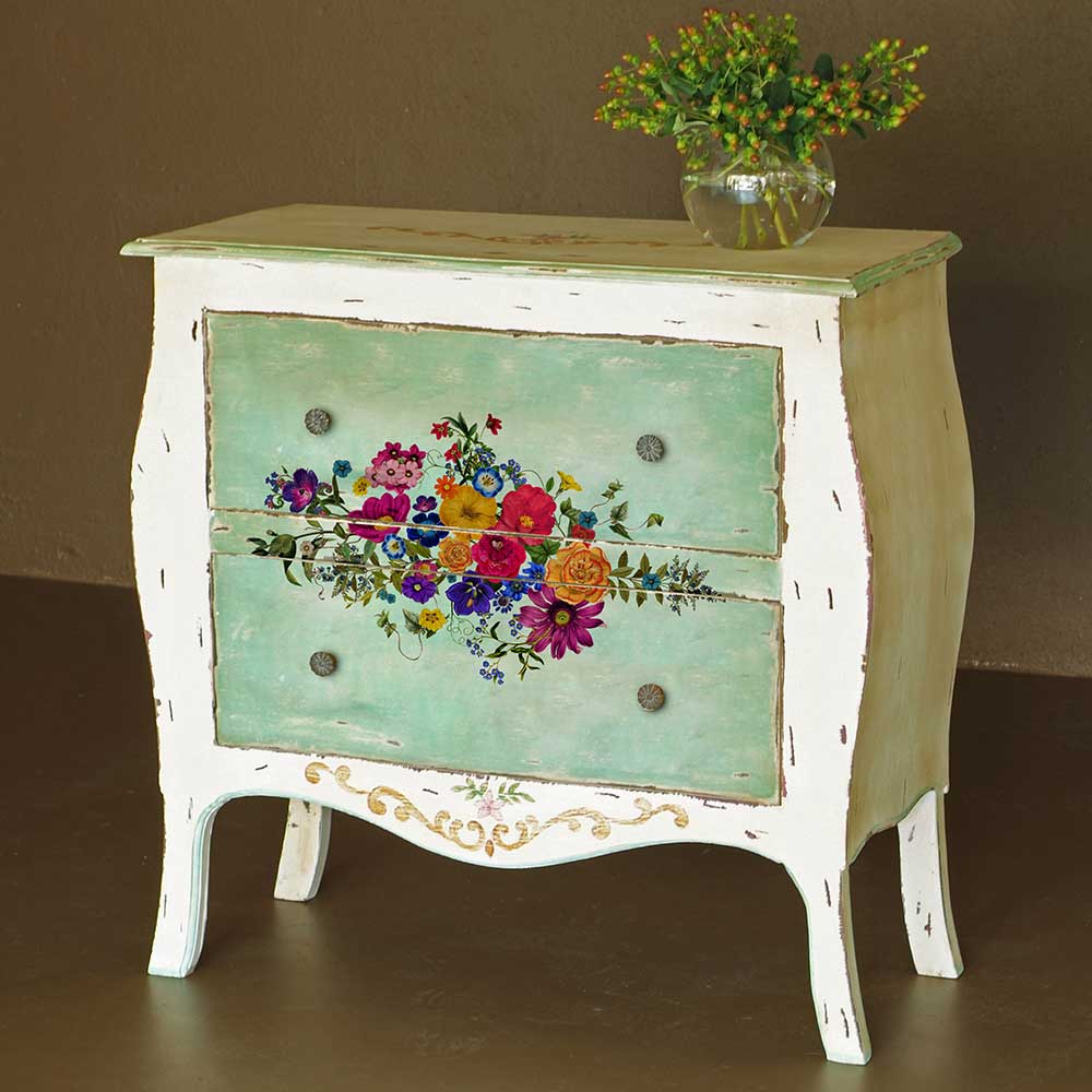 ReDesign with Prima Floral Kiss Decor Transfers® are easy to use rub-on transfers for Furniture and Mixed Media uses