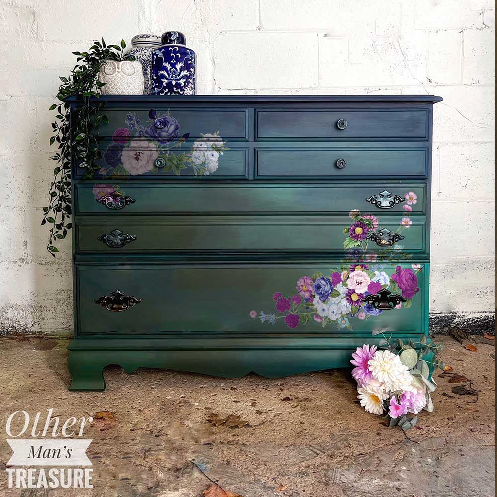 Pink, purple & blue floral, ReDesign with Prima Opulent Florals Decor Transfers® are easy to use rub-on transfers for Furniture and Mixed Media use.
