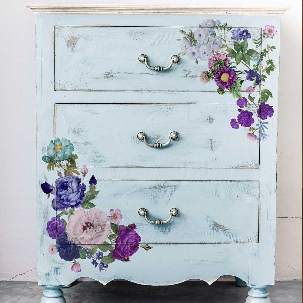 Pink, purple & blue floral, ReDesign with Prima Opulent Florals Decor Transfers® are easy to use rub-on transfers for Furniture and Mixed Media use.