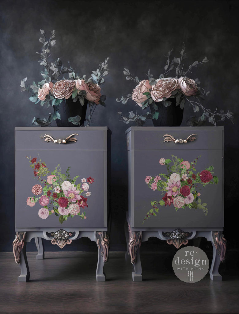 Purple, pink, burgundy floral ReDesign with Prima Very Purple Decor Transfers® are easy to use rub-on transfers for Furniture and Mixed Media uses