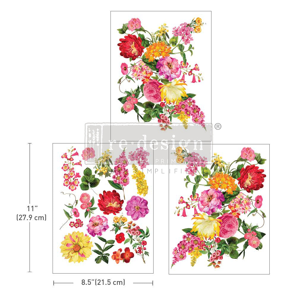 Bright yellow, pink and red floral ReDesign with Prima Very Sunny Glow Decor Transfers® are easy to use rub-on transfers for Furniture and Mixed Media uses