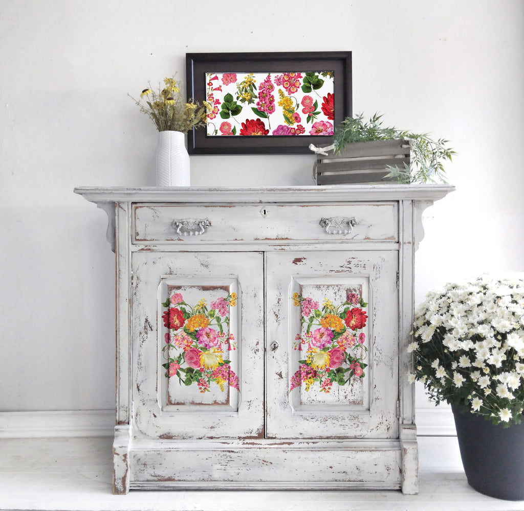 Bright yellow, pink and red floral ReDesign with Prima Very Sunny Glow Decor Transfers® are easy to use rub-on transfers for Furniture and Mixed Media uses