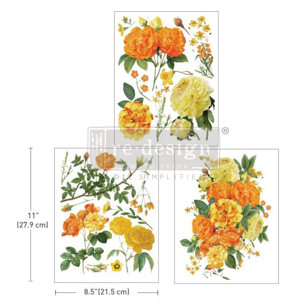 Yellow, orange floral. ReDesign with Prima My Honey Decor Transfers® are easy to use rub-on transfers for Furniture and Mixed Media uses.