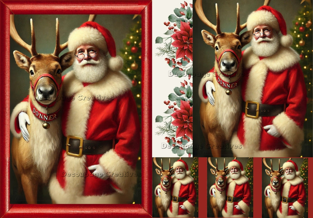 portraits of Santa and Donner next to a christmas tree decoupage rice papers from decoupage creatives