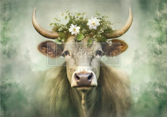 Gray cow with white flowers on head. A1 Fiber Paper for Decoupage by ReDesign with Prima.