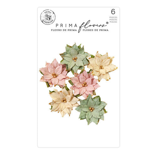 Six paper green, pink and yellow flowers. Paper Flower Embellishments by Prima Marketing.