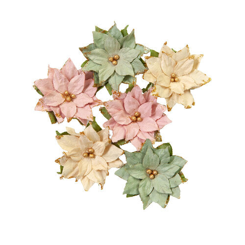 Six paper green, pink and yellow flowers. Paper Flower Embellishments by Prima Marketing.