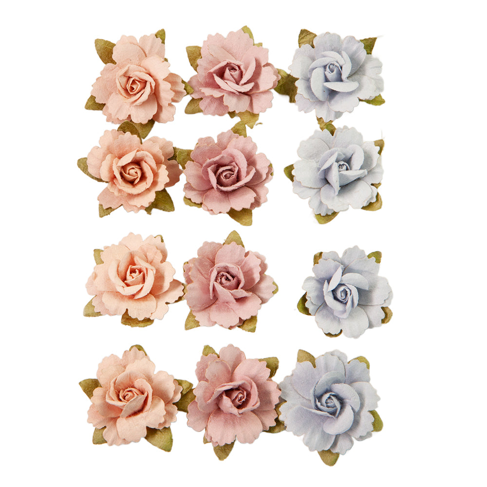 12 pieces of pink, orange and blue flowers. Paper Flower Embellishments by Prima Marketing.