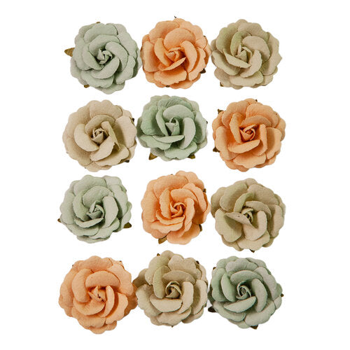 12 pieces green, tan and orange flowers. Paper Flowers by Prima Marketing.