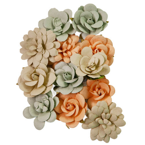 Twelve pieces tan, green and orange flowers. Paper Flowers by Prima Marketing.