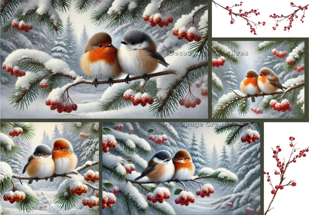 two snowbirds on a branch with red berries covered with snow decoupage rice papers from decoupage creatives