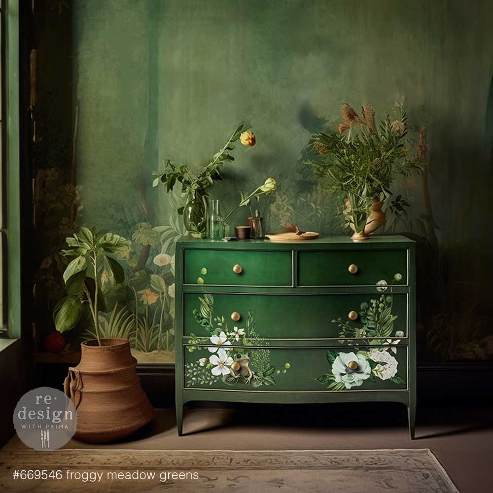 Dresser with white and green floral rub on transfer by ReDesign with Prima. Small green frogs on flowers.