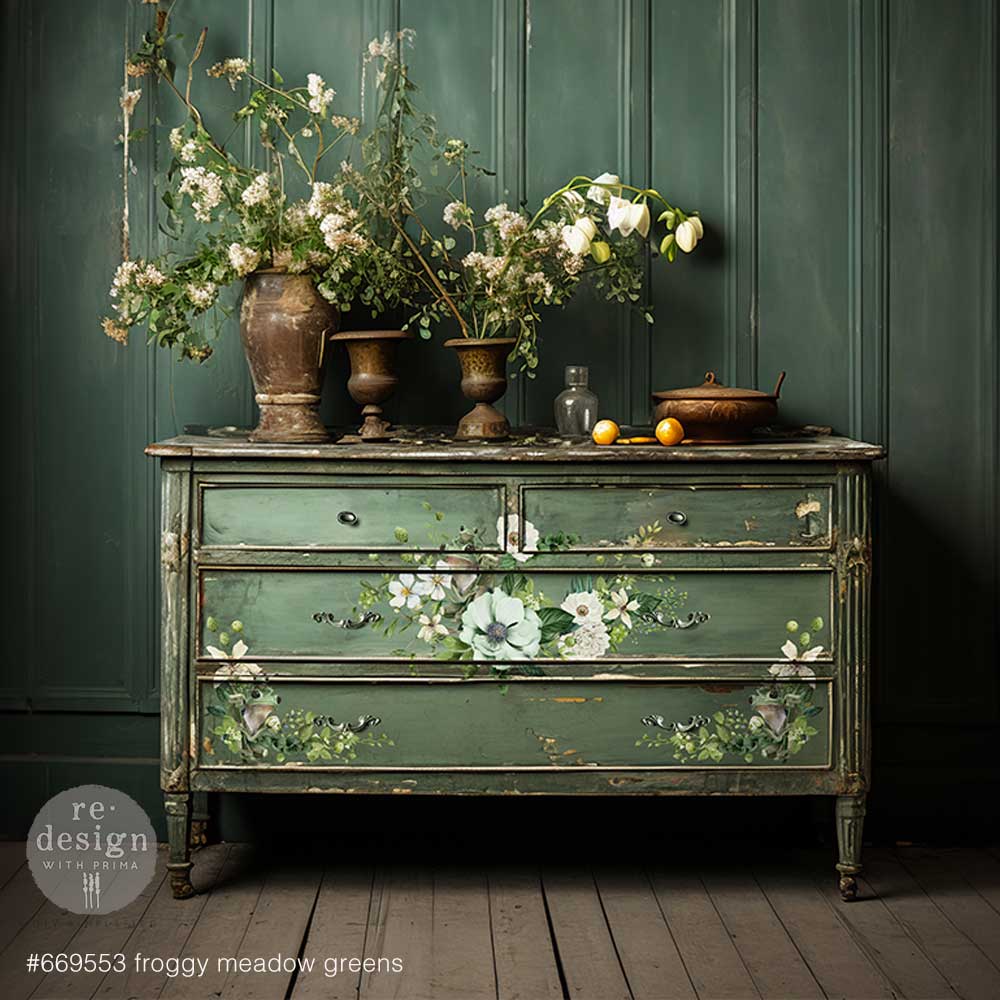 Dresser with White and green floral rub on transfer by ReDesign with Prima. Small green frogs on flowers.