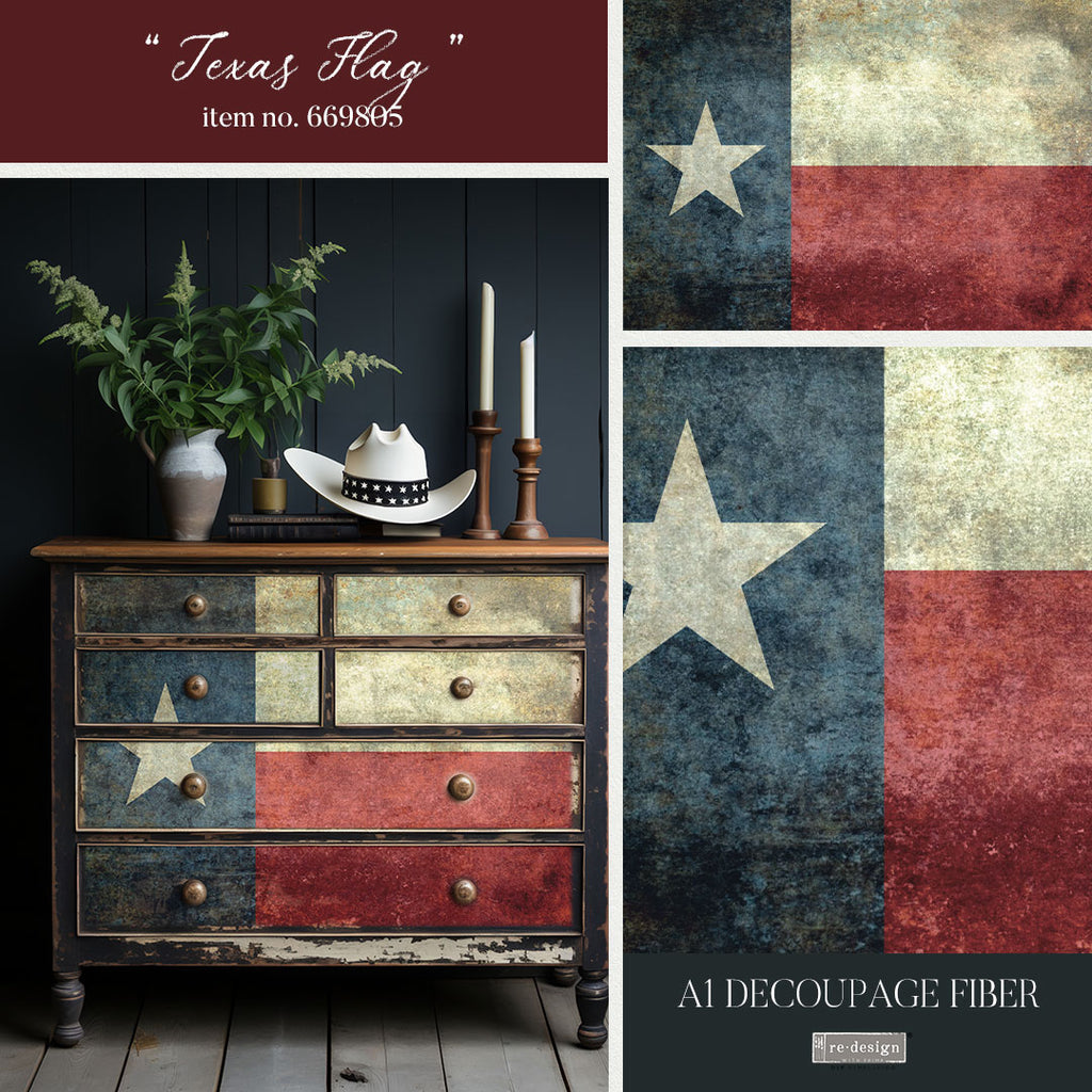 Texas Flag design. Tear Resistant Decoupage Fiber Paper - A1 Size for Furniture Upcycle