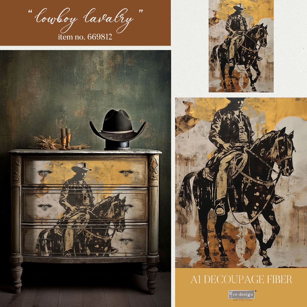Cowboy on horse design. Tear Resistant Decoupage Fiber Paper - A1 Size for Furniture Upcycle