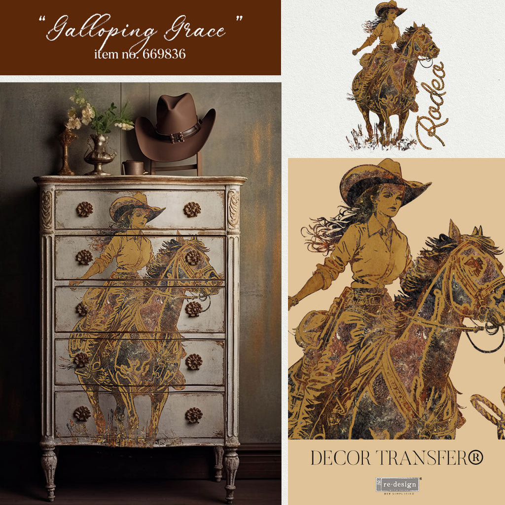 Cowgirl on horse design. Tear Resistant Decoupage Fiber Paper - A1 Size for Furniture Upcycle