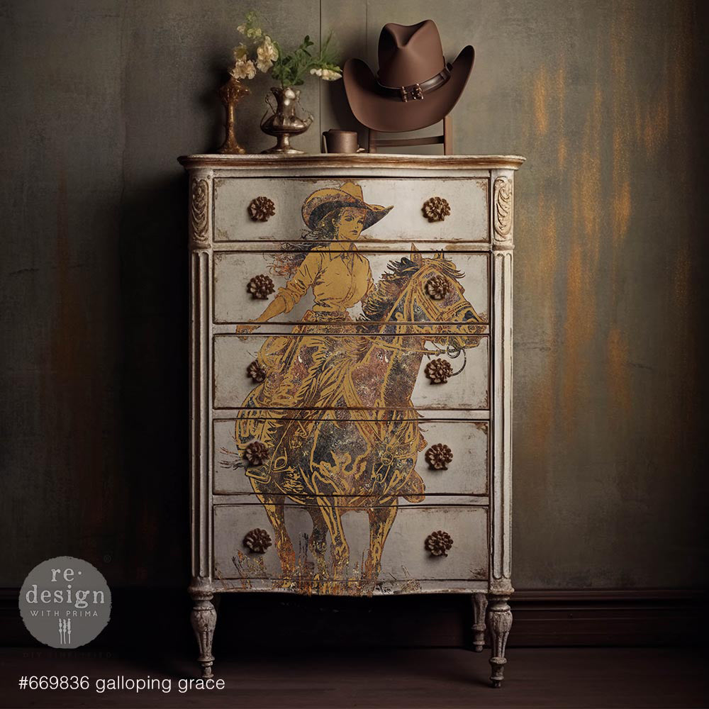 Cowgirl on horse design. Tear Resistant Decoupage Fiber Paper - A1 Size for Furniture Upcycle