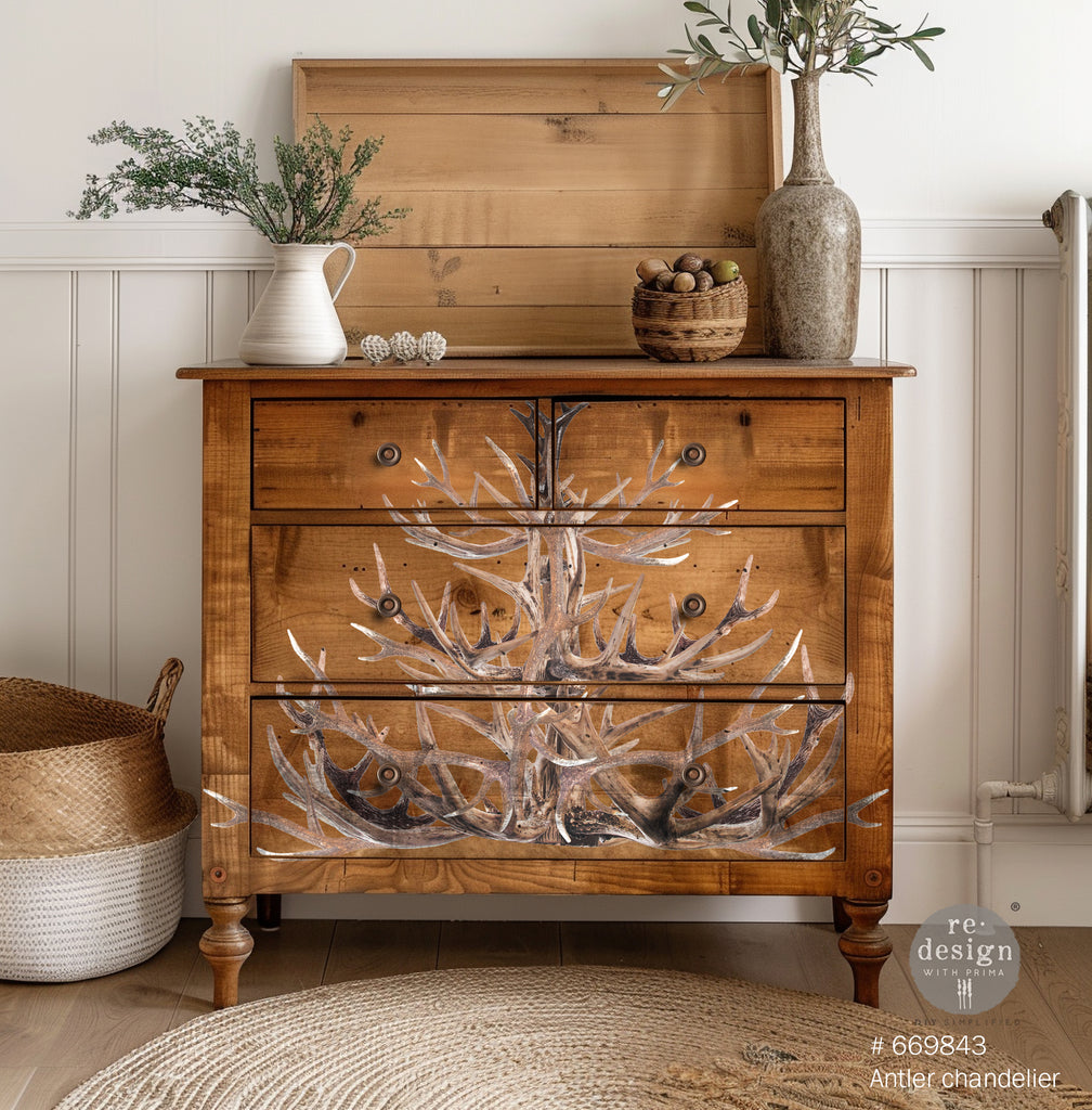 Brown dresser mockup of Antler Chendelier Rub On Furniture transfer from ReDesign With Prima