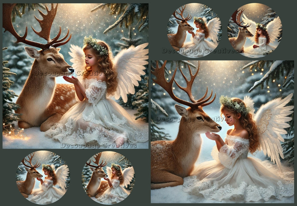 young girl angel dressed in white with white wings in the snowy forest pettinga deer decoupage rice papers from decoupage creatives