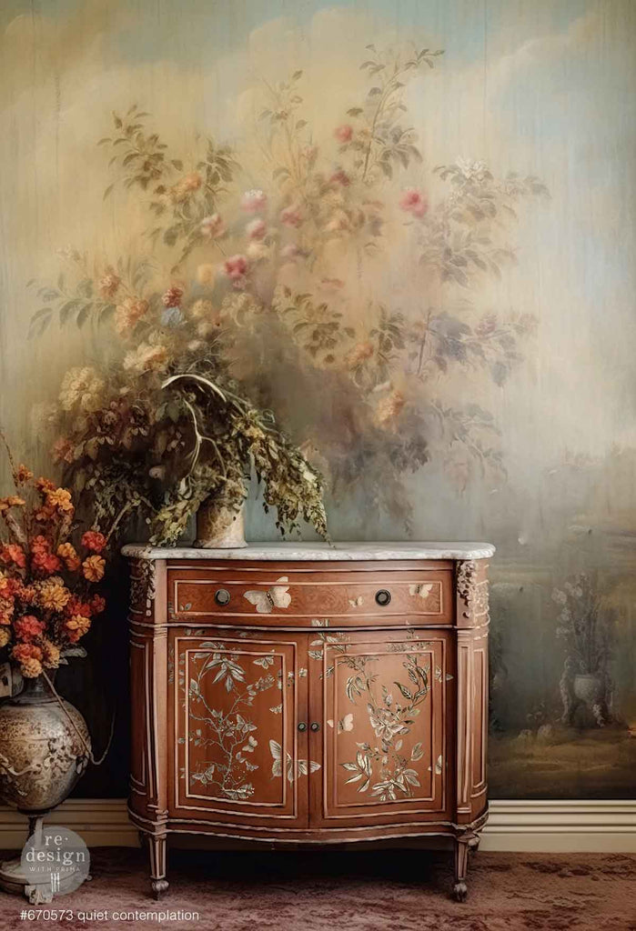 Quiet Contemplation rub on transfer by ReDesign with Prima. Branches of brown leaves and brown butterflies
