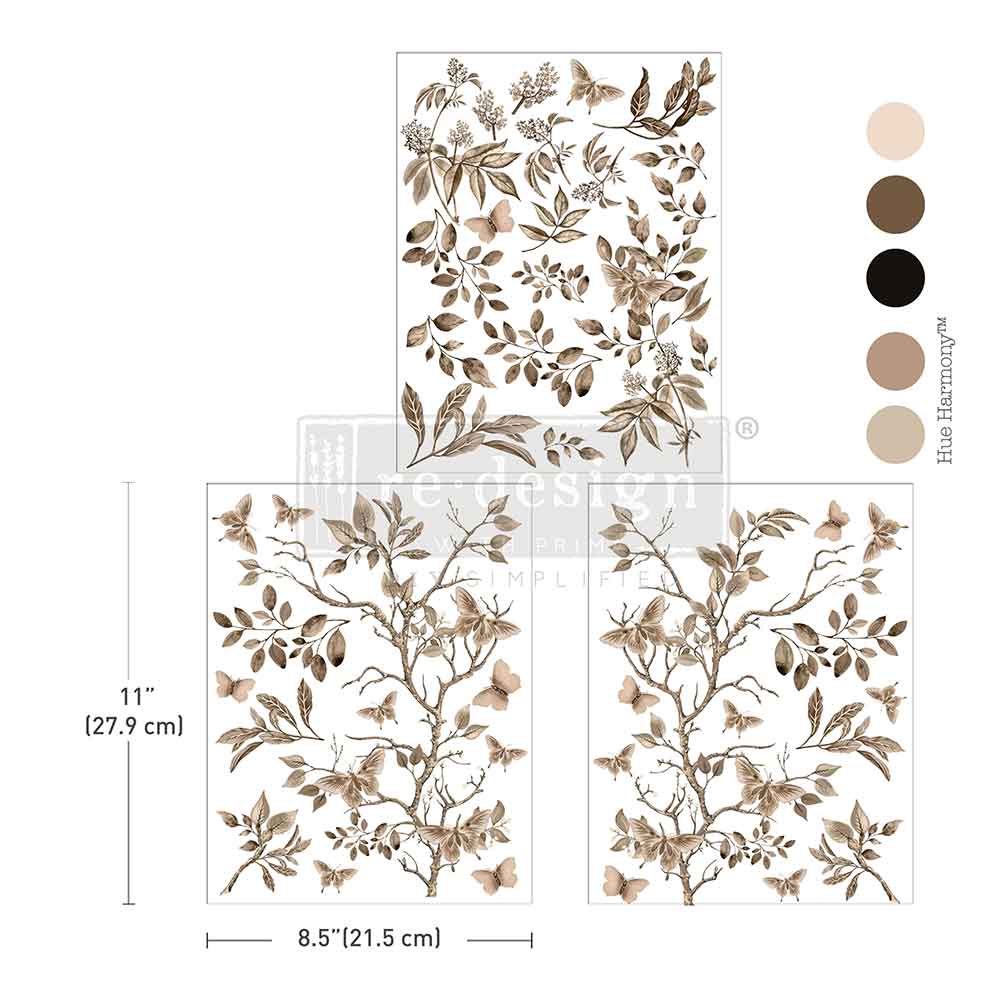 Quiet Contemplation rub on transfer by ReDesign with Prima. Branches of brown leaves and brown butterflies