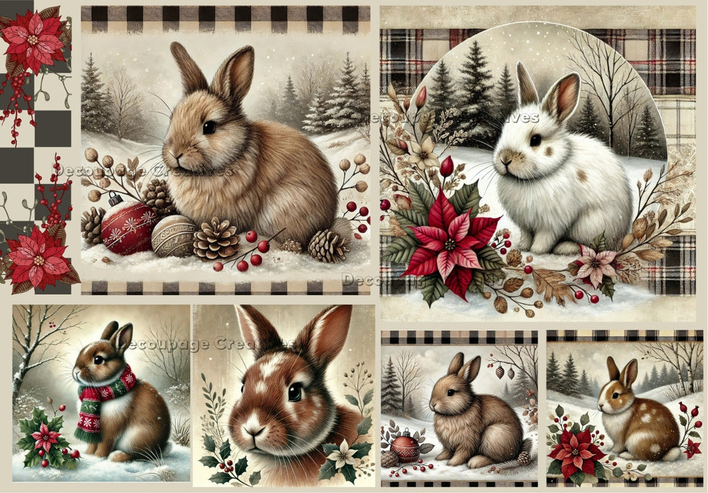 snow bunnies with christmas ornaments in the snow decoupage rice papers from decoupage creatives