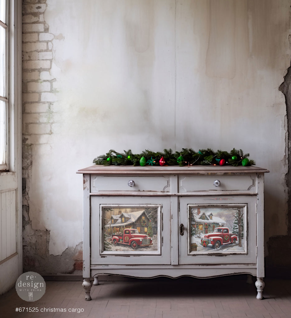 Retro themed vintage red truck and house in winter scene with snow. Decor fiber paper by Redesign with Prima.