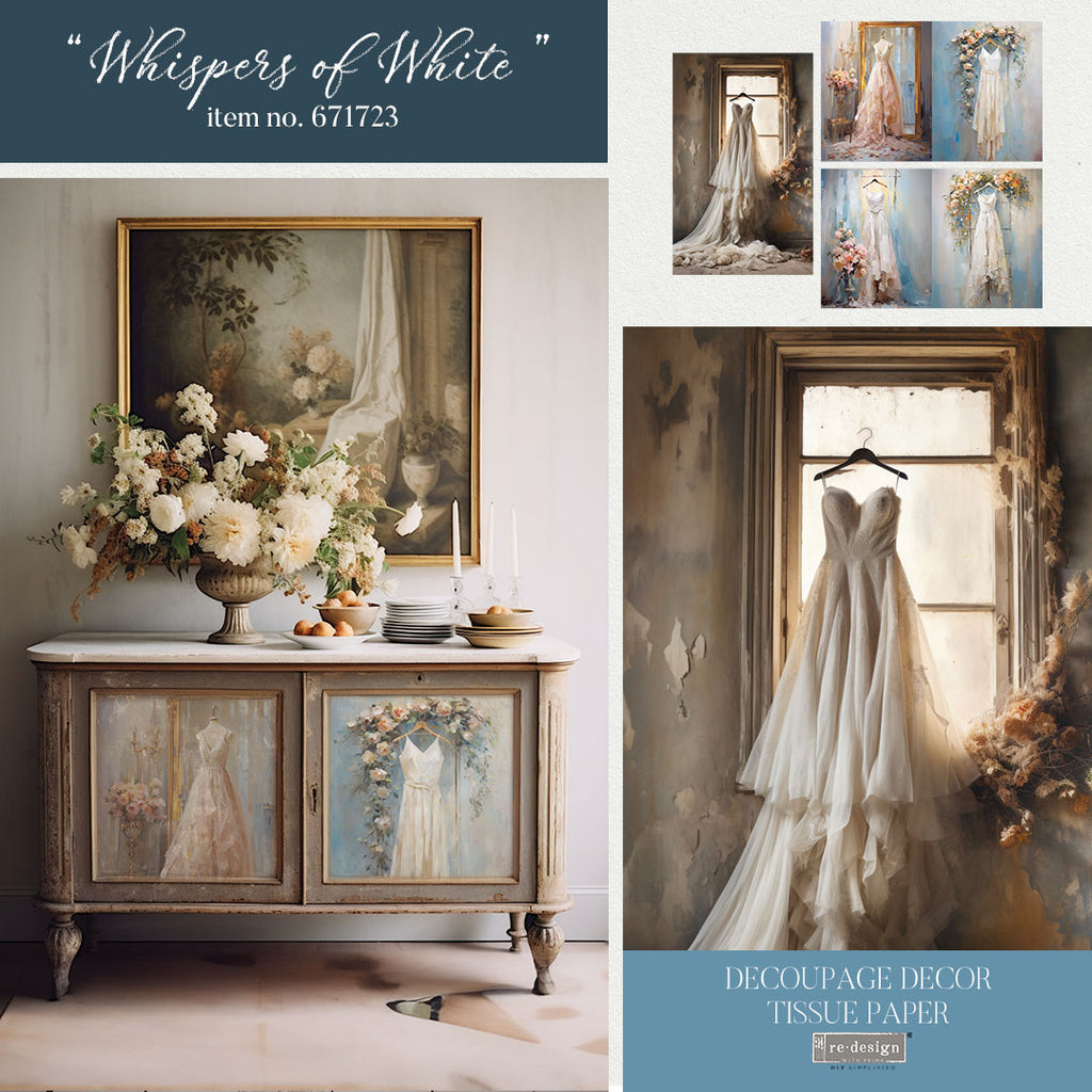 Whispers of White ReDesign with Prima Décor Tissue Paper. Wedding dress and florals image.