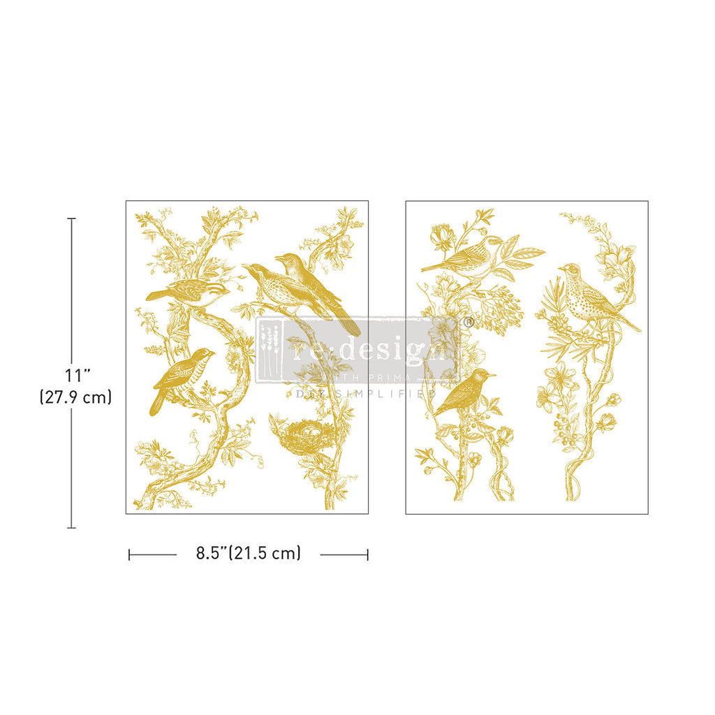 Gold Foil Kacha - Golden Serenade 8.5"x11" ReDesign Prima Decor Middy Transfer. Birds and nest perched on branches