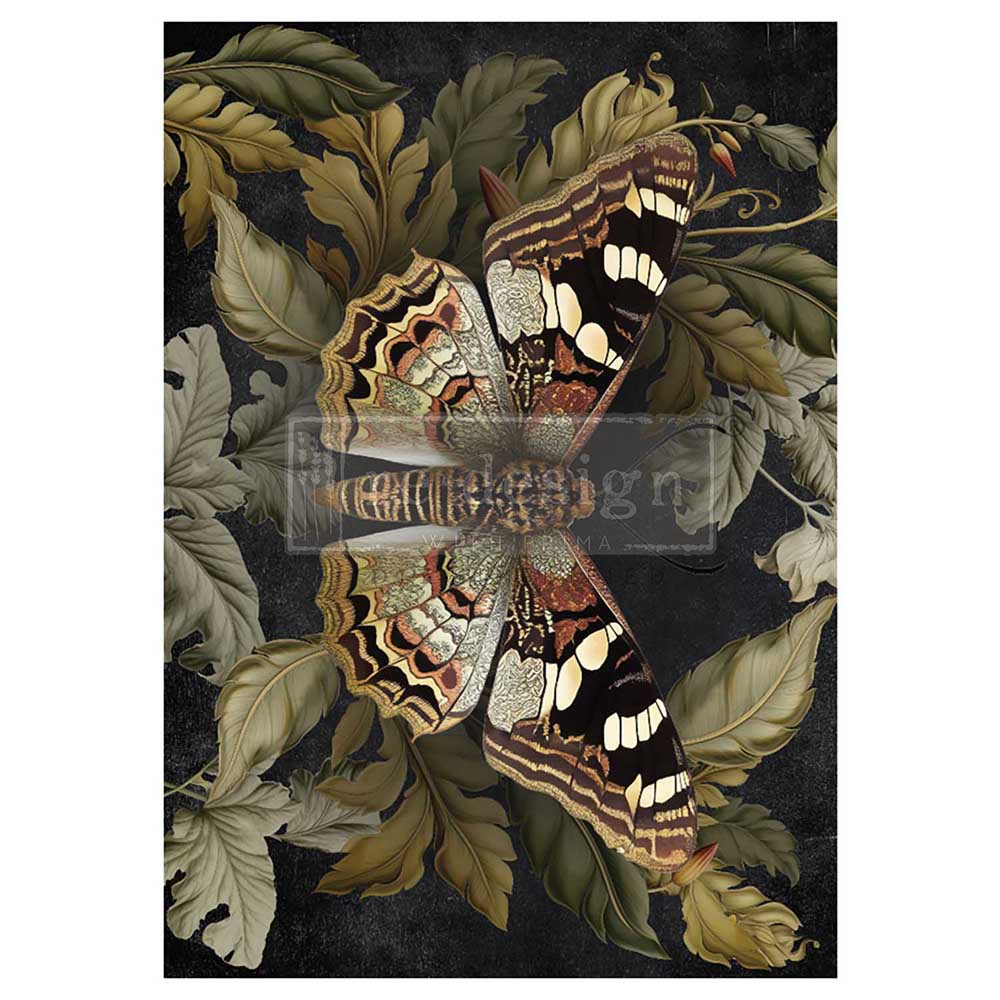 Black brown and white butterfly among green leaves on dark background. A1 size fiber decoupage paper by Redesign with Prima. 