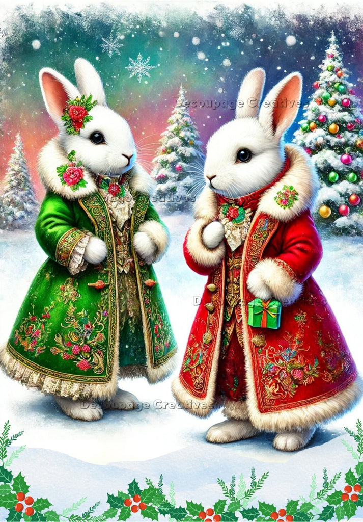 Two white bunnies dress in christmas victorian clothes of red and green in the snow decoupage rice papers from decoupage creatives