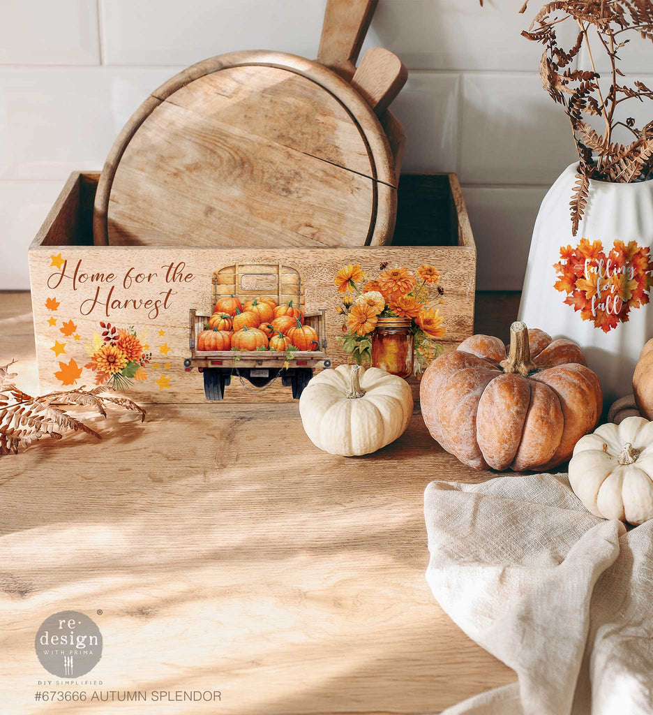 Redesign Prima Rub on Transfer showcasing a variety of fall-themed designs. From vibrant leaves to whimsical pumpkins, an old truck laden with harvest goods, and an adorned bicycle carrying bundles of autumn joy.