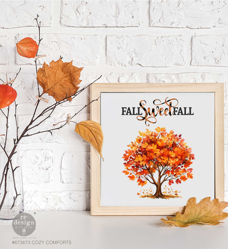 Redesign with Prima Rub on transfers featuring a variety of fall-themed designs. From a welcoming fall sign to an old truck laden with harvest goods, a full fall tree bursting with vibrant foliage, and a picturesque garden patch scene.